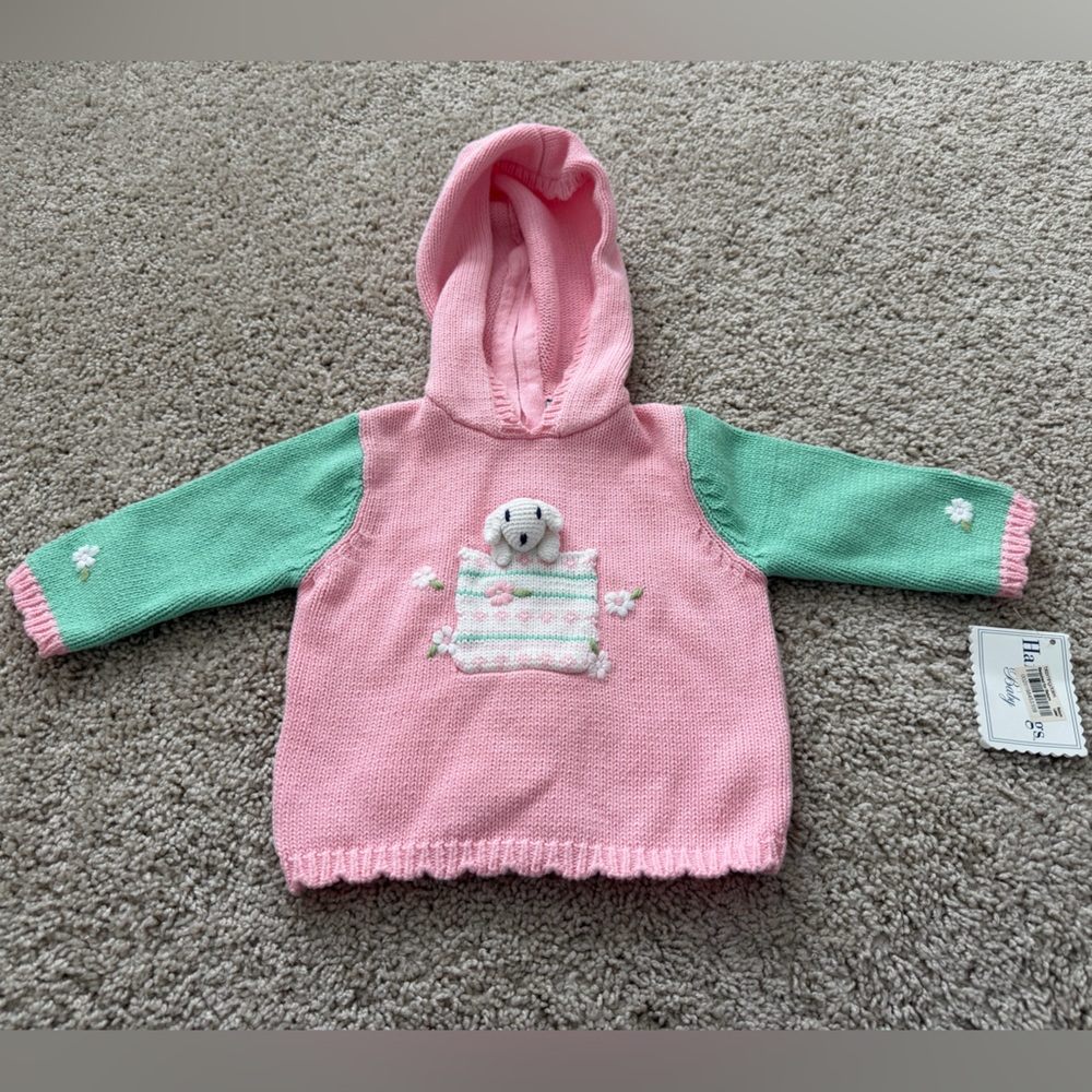 Vintage Hartstrings Baby Hoodie 12M Pink Green Puppy Pocket NWT Cottagecore